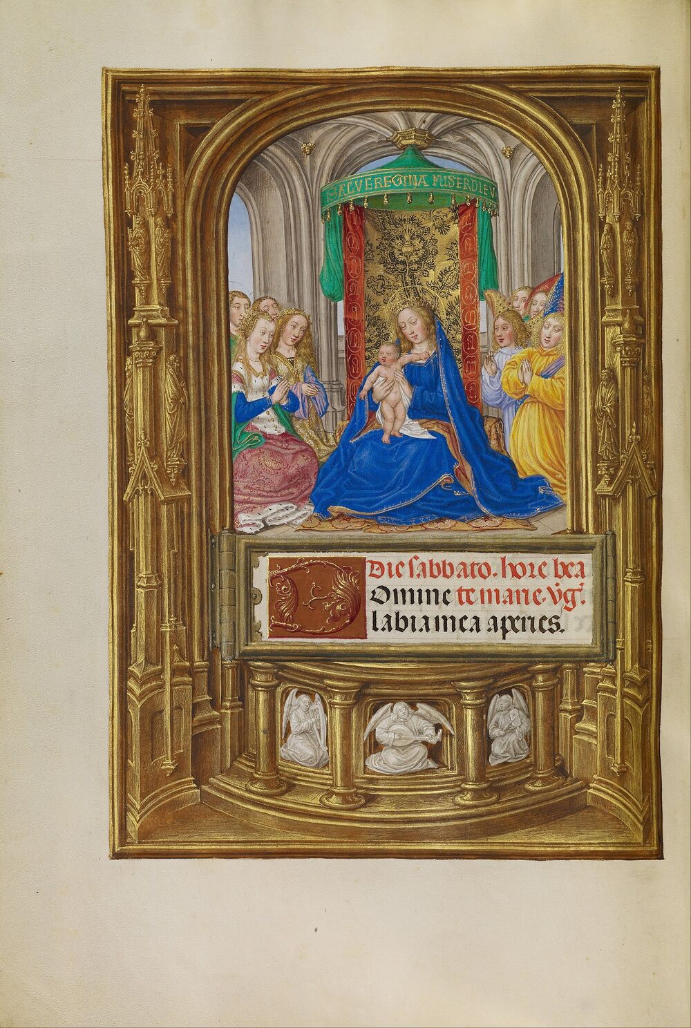 The Virgin and Child Enthroned, an illuminated page from the Spinola Hours with a gilded gothic frame